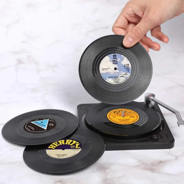 Porta-Copos Disco de Vinil (6 ou 12) com Suporte Toca-Discos