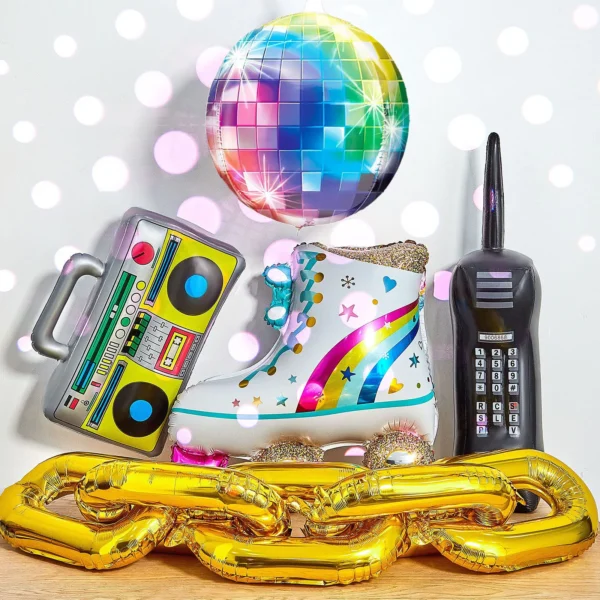 Kit 15 Balões Metalizados Anos 80 ou 90 – Rádio, Patins, Celular e Globo Disco